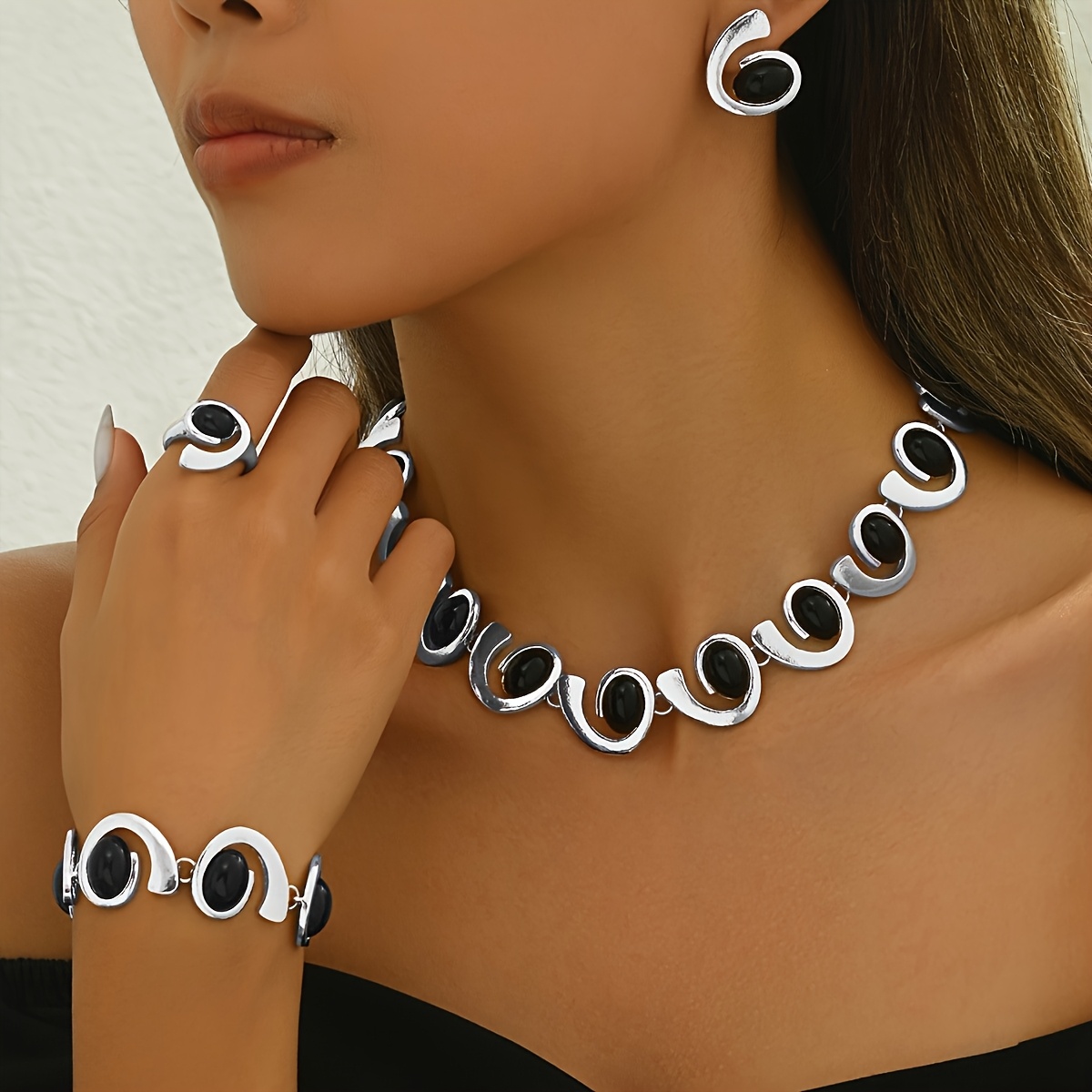 Acrylic Geometric Spiral Jewelry Set - Necklace, Bracelet, Earrings, Ring
